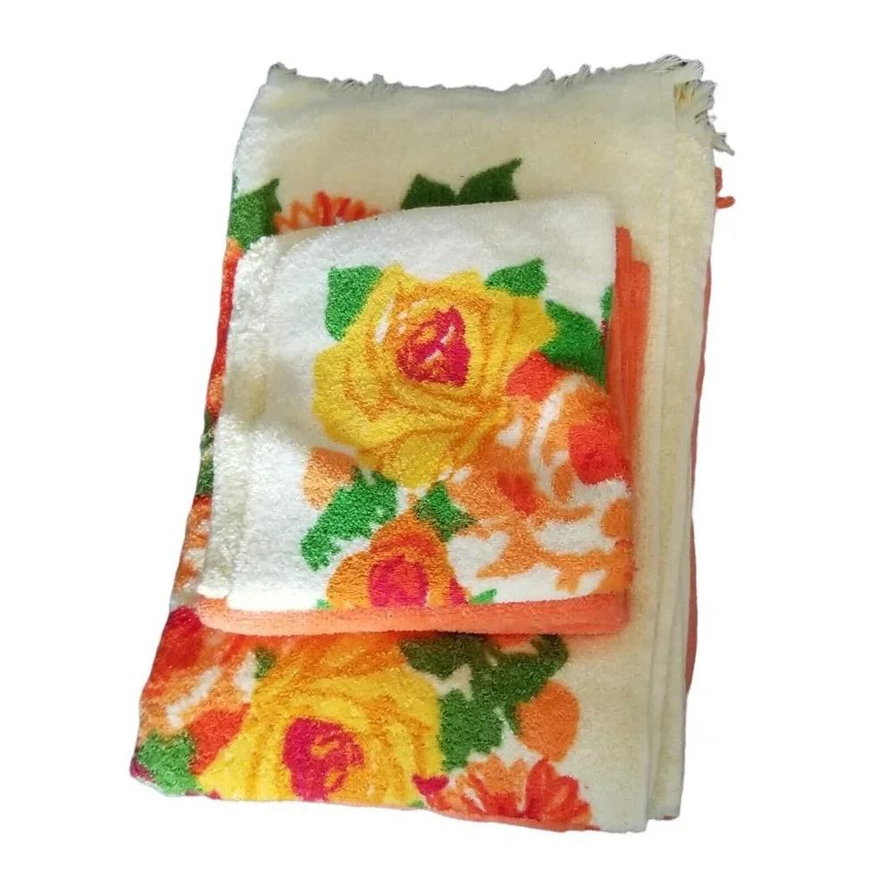 Vintage Towels Cannon Monticello Orange Yellow Bath Set 6 Piece Floral Flowers
